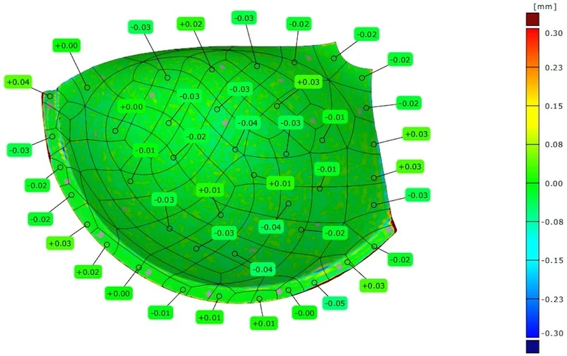 新拓三维XTOM-MATRIX高精度蓝光三维扫描仪获取内衣胸垫3D尺寸偏差分析及具体位置偏差标注