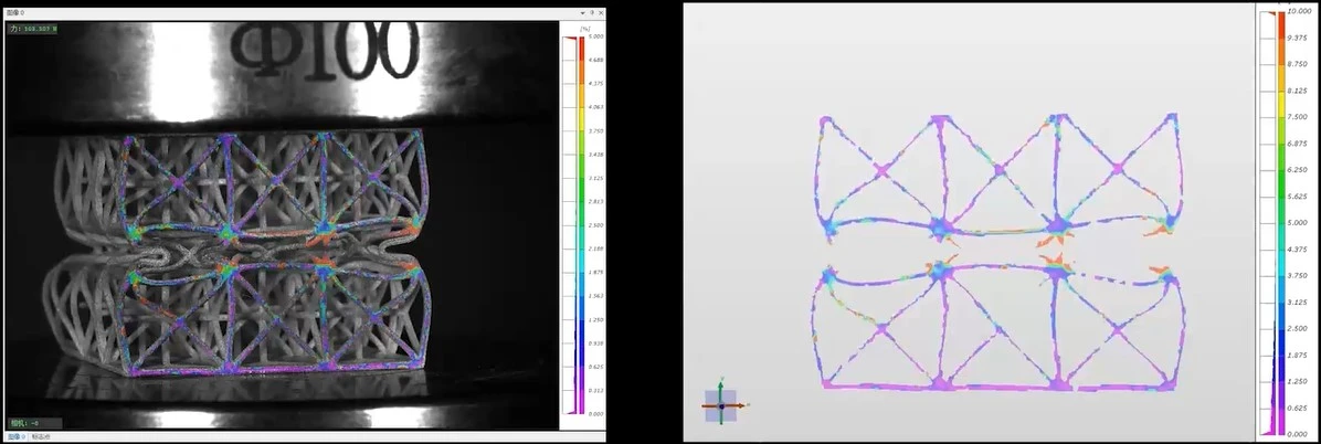 DIC三维应变测量系统分析3D打印晶格结构压缩过程最大主应变云图